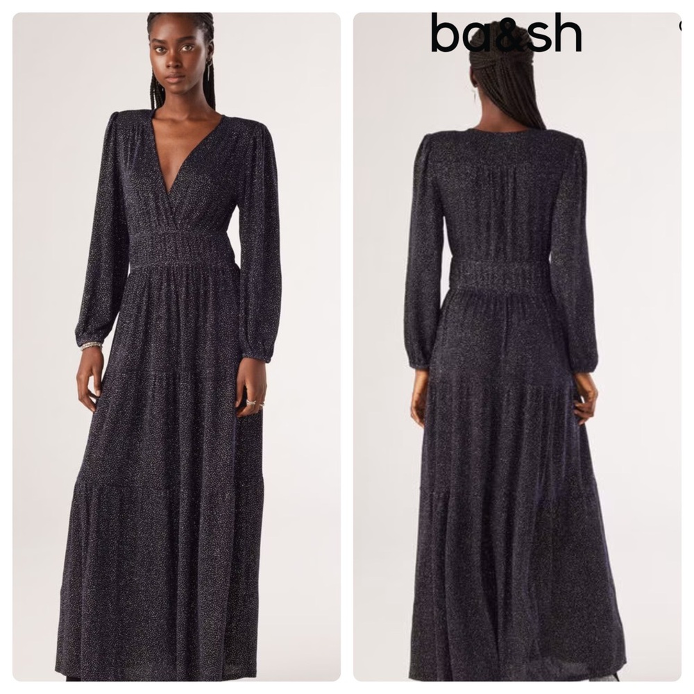 ba&sh ROBE FALONE maxi dress long sleeve glitter blue size XS 2 C7